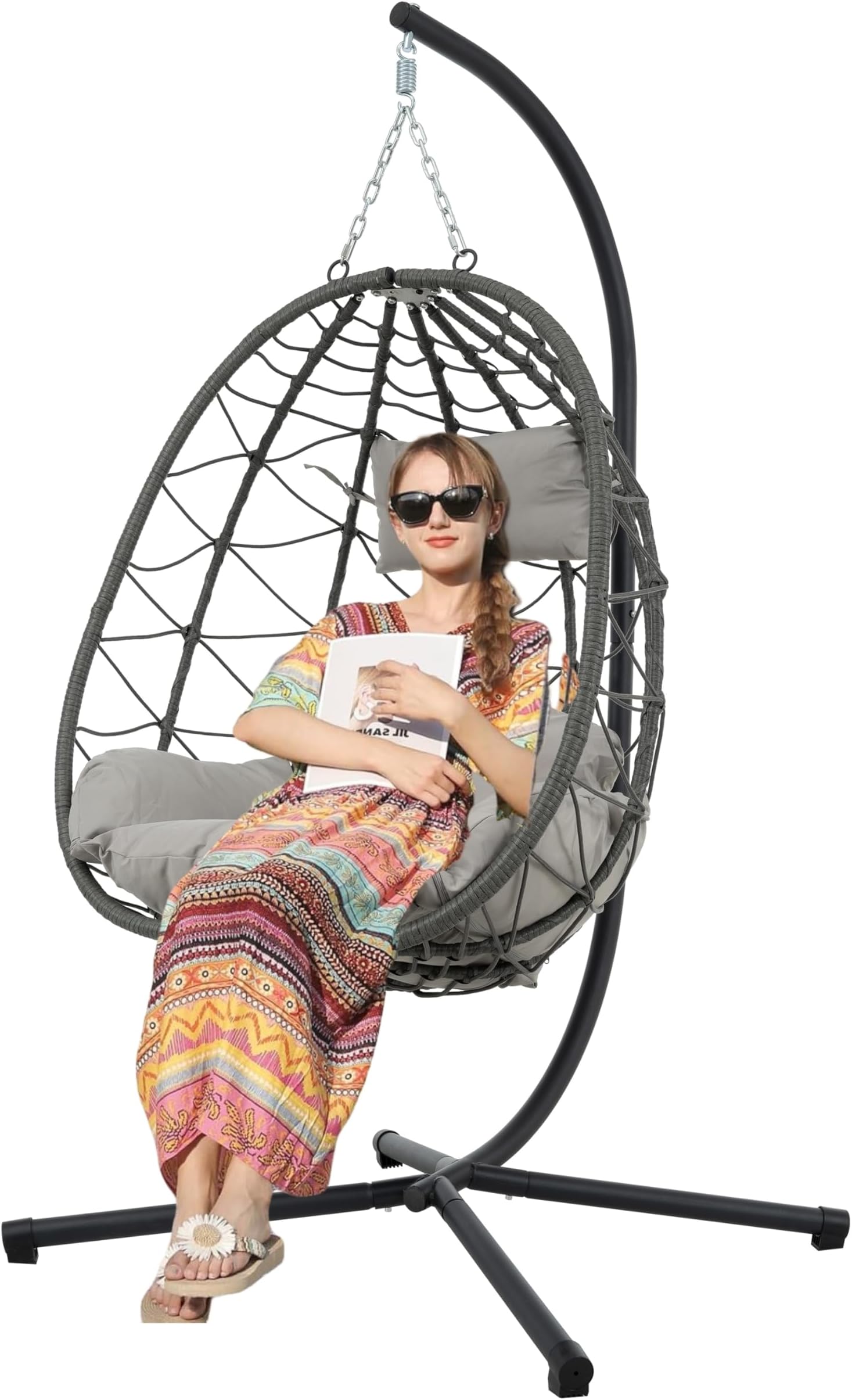 Indoor Outdoor Swing Chair Comfy Outdoor Wicker Egg Chair with Stand, Hanging Chair, Metal Frame and UV Resistant Cushion Patio Hanging Basket Chairs, for Patio, Bedroom, Garden (Gray1)
