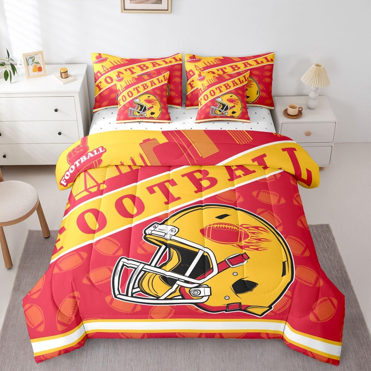 Erosebridal 7Pcs Football City Seasonal Helmet Comforter Set with Sheets, Gridiron Style Bed Set Full for Kids Teens Boys Sports City Silhouette Illustration Bedding for Rugby Sports Fans Gift