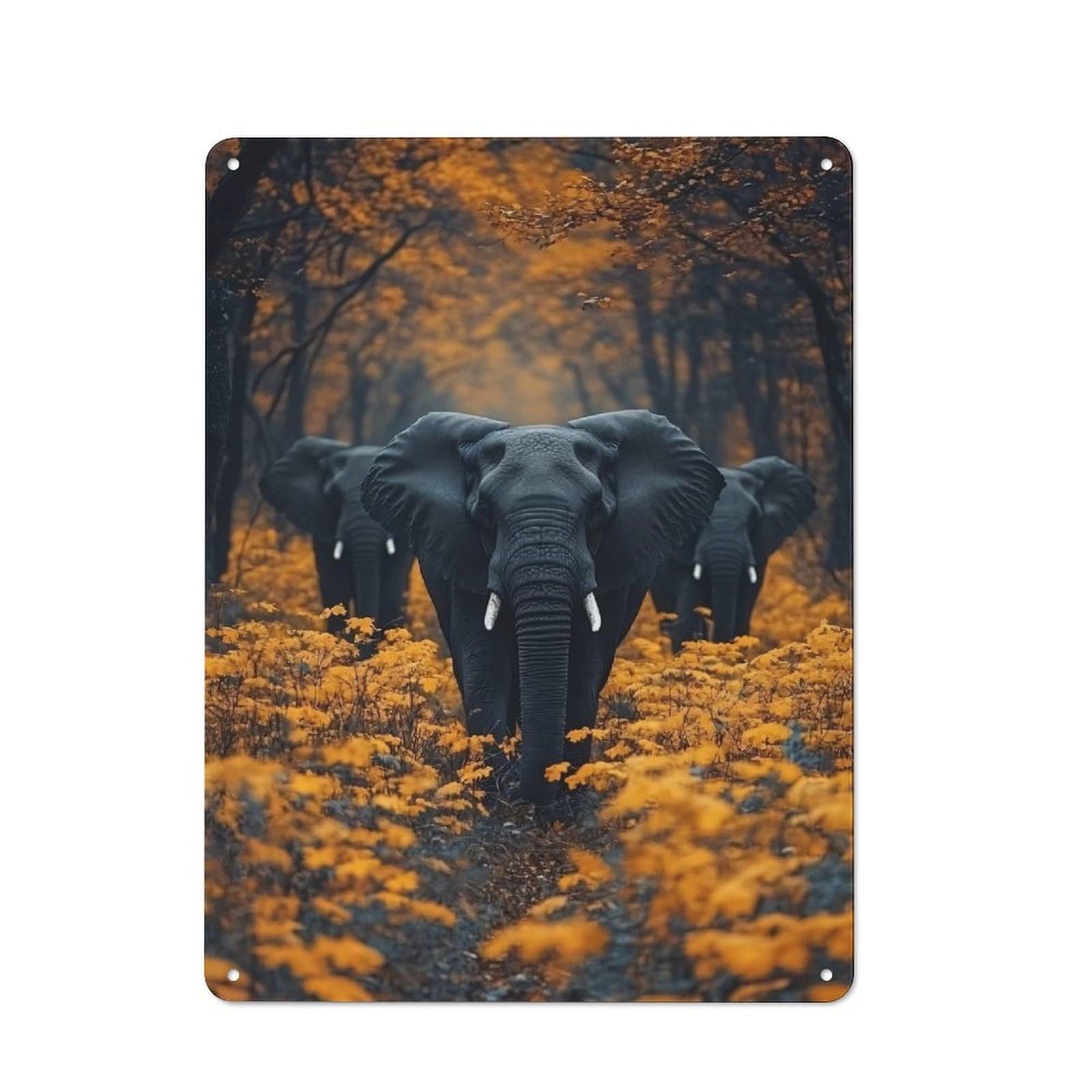 Junmoney Style-3 Metal Wall Sign 40X30cm Featuring Elephants In Autumnal Forest For Café Or Home Bar, For Collectors Decorating Cafés And Home Bars