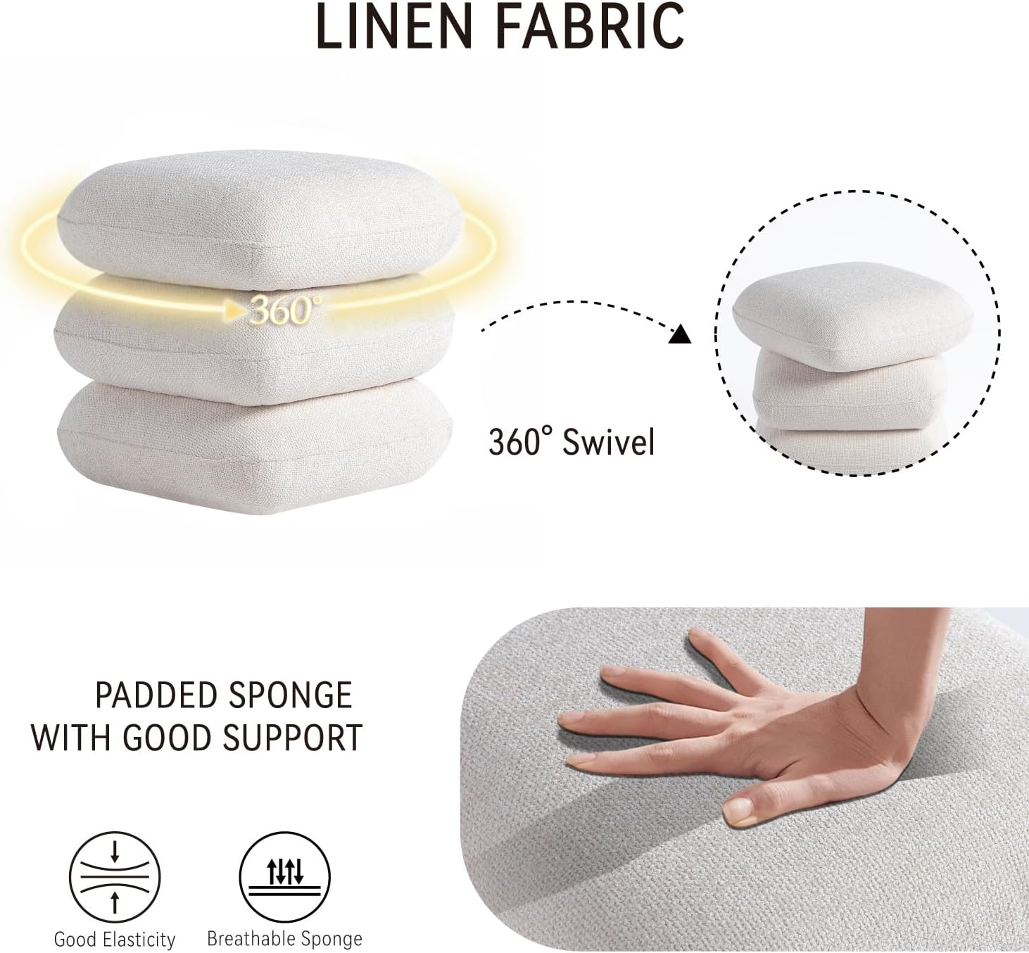 Get Set Style 360° Swivel Linen Ottoman, Modern Upholstered Foot Stool, Multifunctional Vanity Chair Accent Stool for Small Space, Living Room, Bedroom, Entryway, Warm Ivory