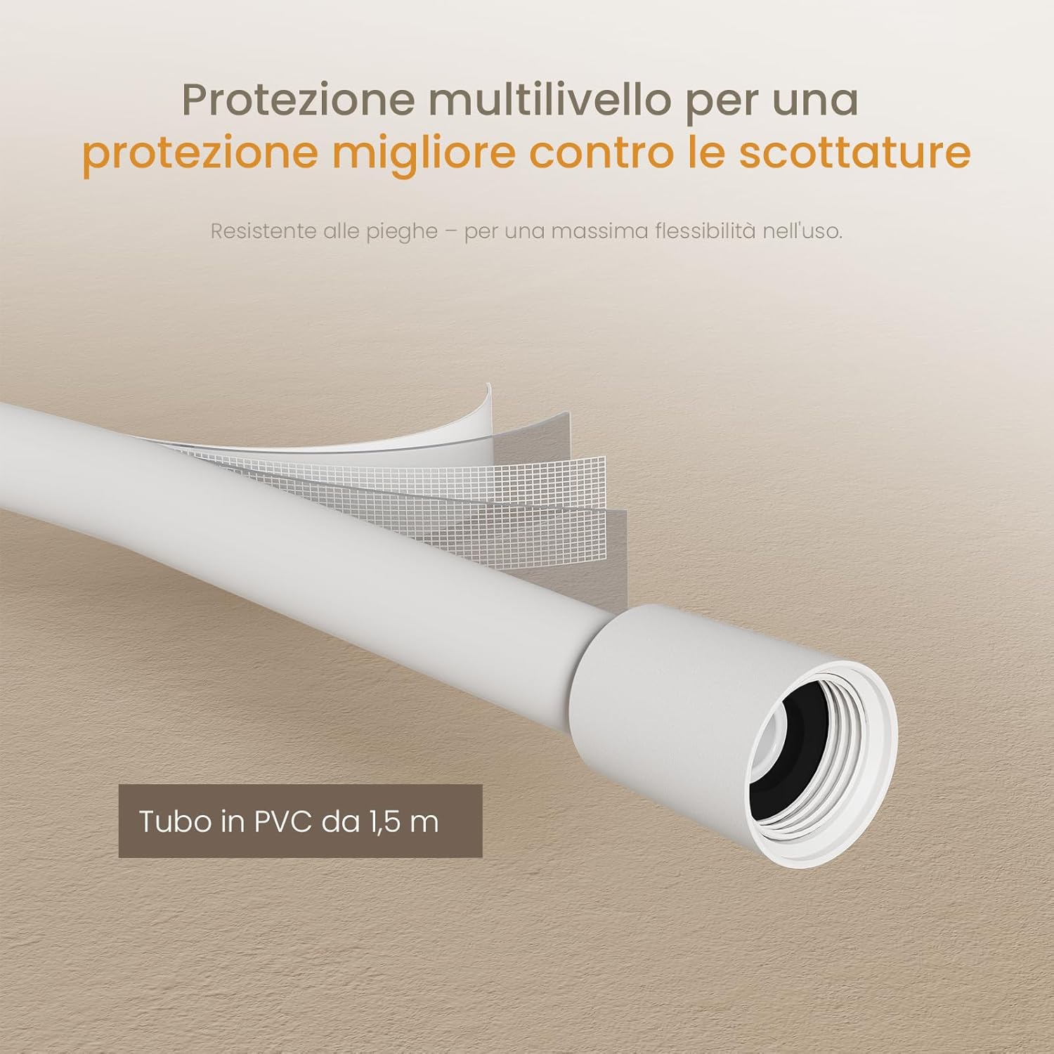 Cross-section diagram of the 1.5m PVC hose, illustrating its multi-level protection for better scald prevention and kink resistance.