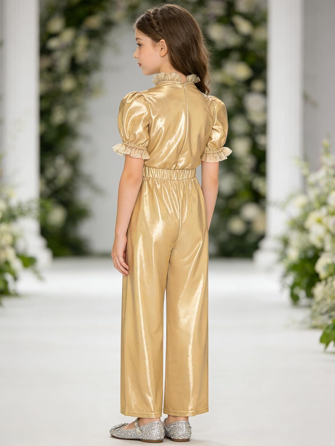 Sywiyi Girls' Shiny Metallic Formal Jumpsuits Short Sleeve One Piece Rompers Wide Long Pants