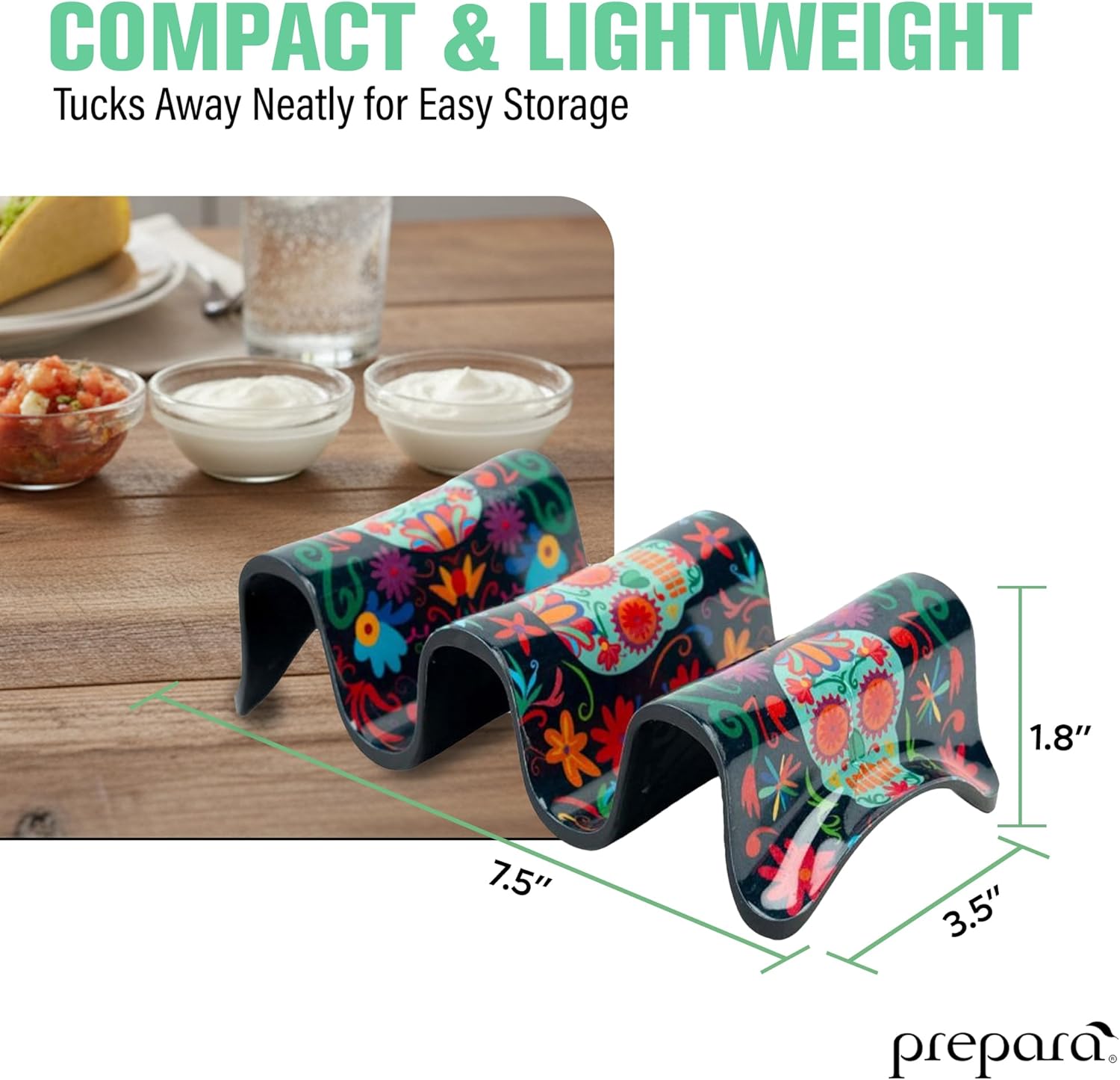 Prepara Taco Holder, Day of the Dead Design - Decorative Soft/Hard Shell Stand, Durable Melamine Food Organizer for Día de los Muertos, Festive Serveware for Taco Nights & Restaurant Use (3-Pack)