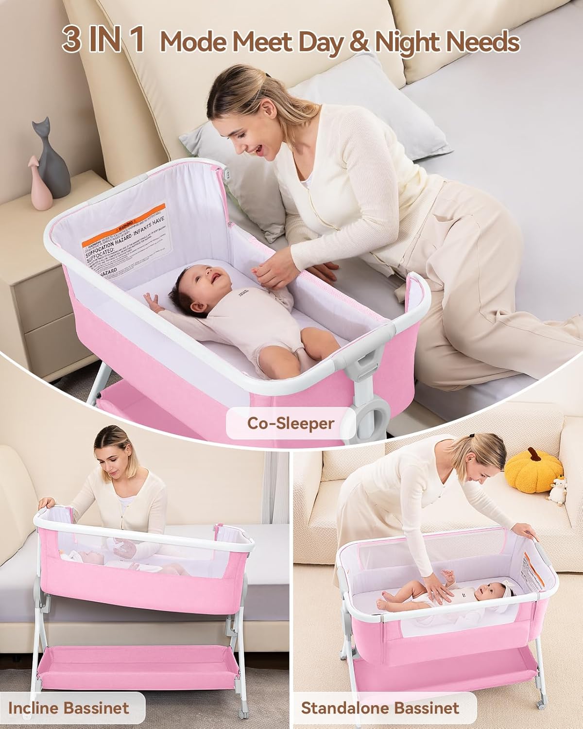 Larex Baby Bassinet Bedside Sleeper Crib Co Sleeper for Newborn Infant Toddler with Mosquito Net, Storage Bag & Basket, 5-Height Adjustable, Movable Wheels, Breathable Mattress & Mesh (Pink)