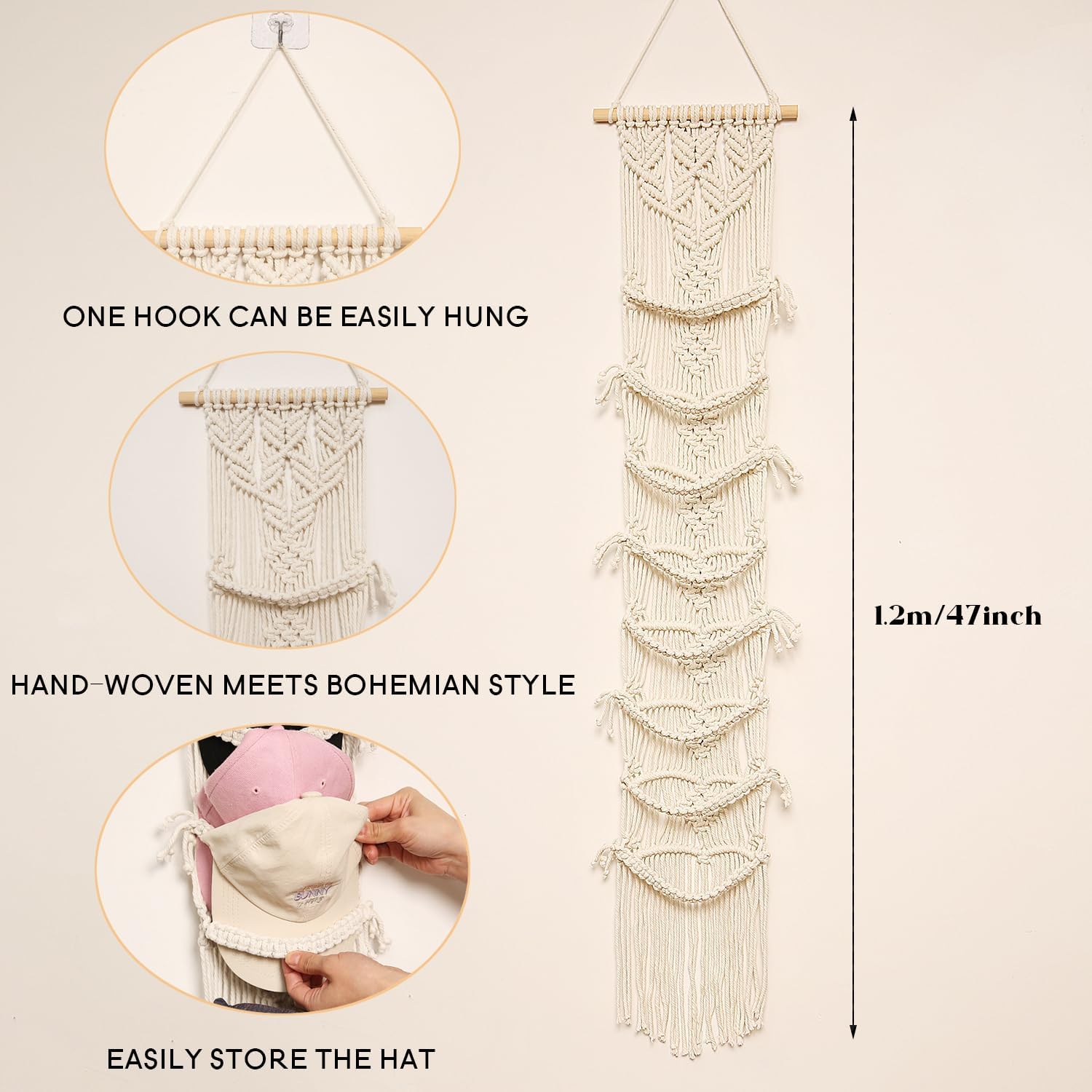 jontell Boho Ball Cap Hanger-2 Pack-Boho Macrame Cap Holder Wall Hat Organizer for Baseball Cap Holder Over Door, Hat Rack for Wall Cap Rack Disaplay Bearoom Decorations