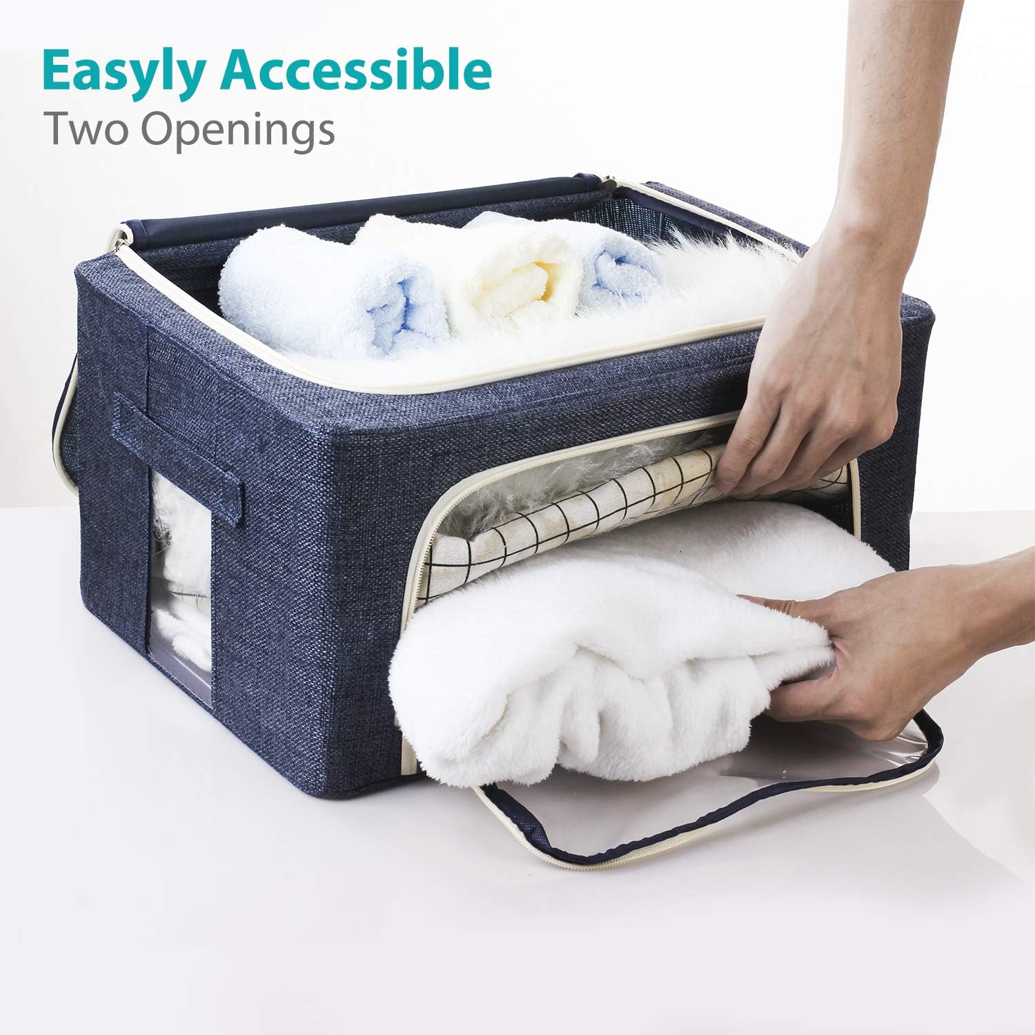 Awekris 2 Pack Stackable Storage Bins Box, Foldable Clothes Organizer with Clear Window & Carry Handles, Great for Clothes, Blankets, Closets, Bedrooms and More Medium (Navy Blue)