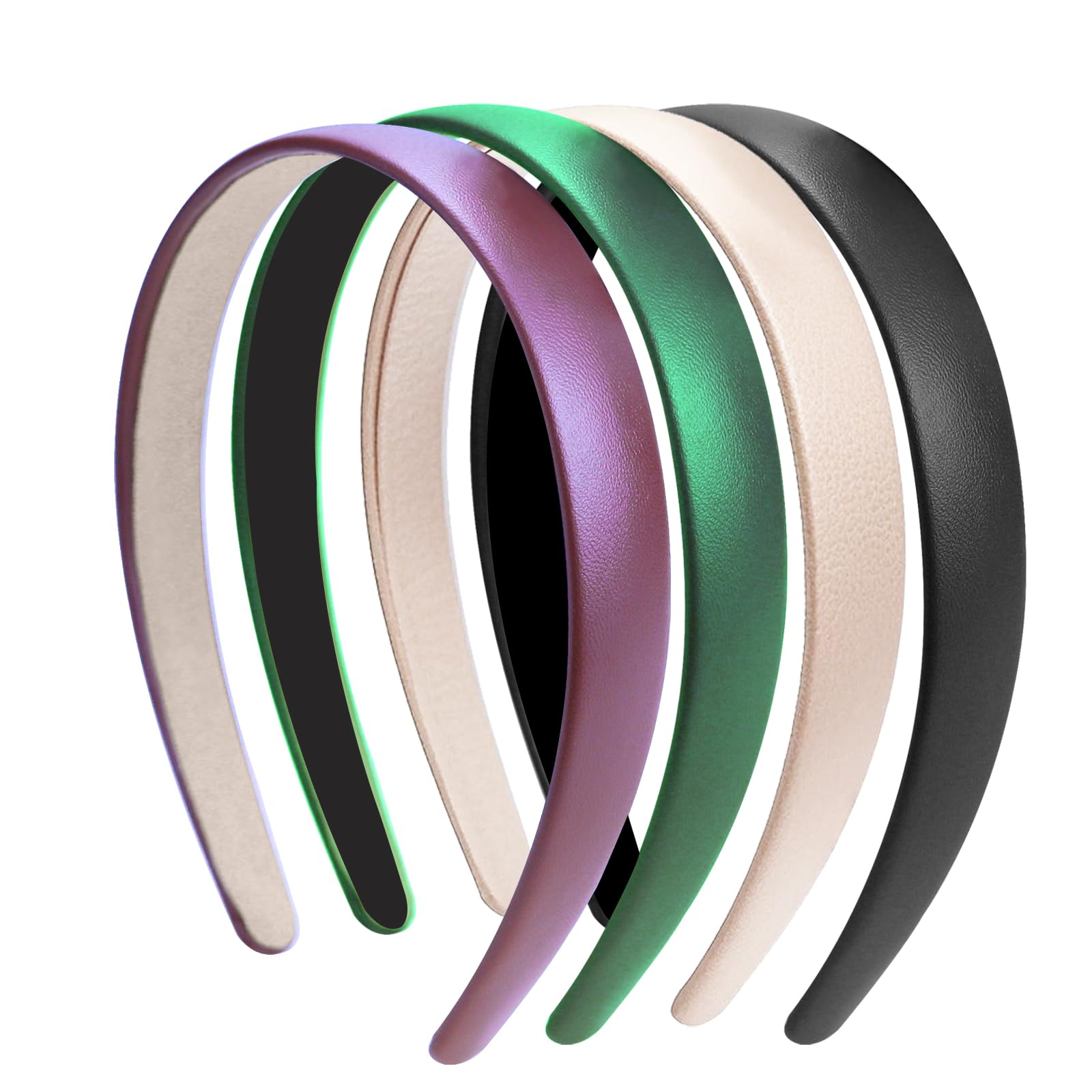 Ptrin PU Headband,0.8 Inch Wide Satin Headbands for Women's Hair,Non Slip Solid Hair Bands Hair Accessories Cosplay DIY Holiday Head Band,4 Pack(PU leather+white+green+black+red)