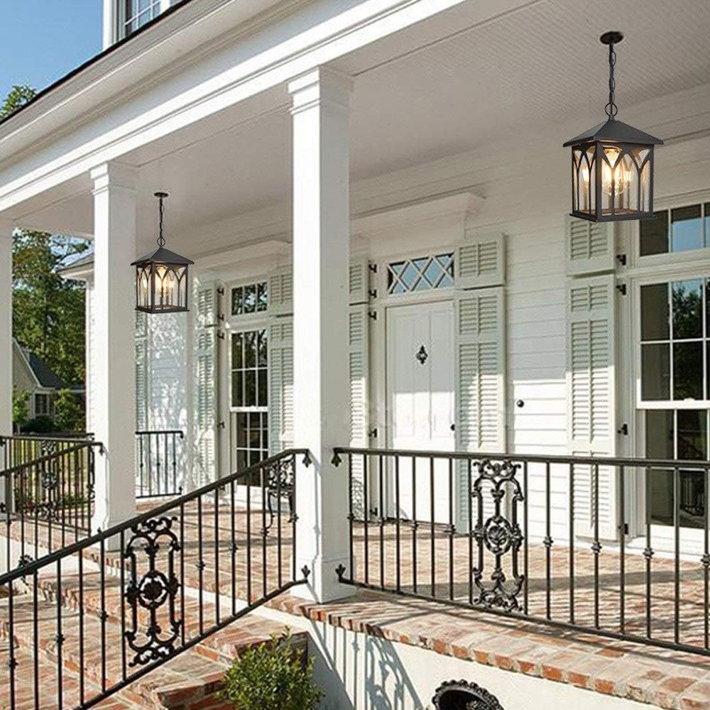 Personality Square Aluminum Metal Outdoor Light Fitting Glass Lantern Waterproof Ip54 European Vintage Retro Hanging Lamp Hight Adjustable Pavilion Chandelier Lighting E27 Flush Mount Li/Black