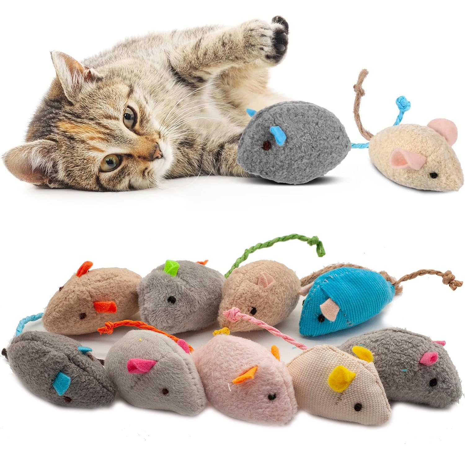 Mumoo Bear Cat Mice Toy 9-Pack Plush Catnip-Filled Mice Toys for Indoor Cats - Realistic Design, 9 Assorted Colors - 9 piece