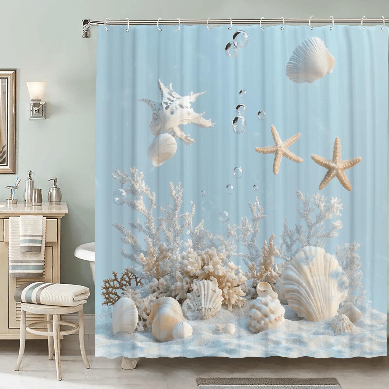 GLWDMB 1 Piece 150x180CM Starfish And Seashell Pattern Printed Shower Curtain With Hook, Polyester Fabric, For Windows And Walls, Bathtub, Bathroom, Machine Washable, All Season Universal
