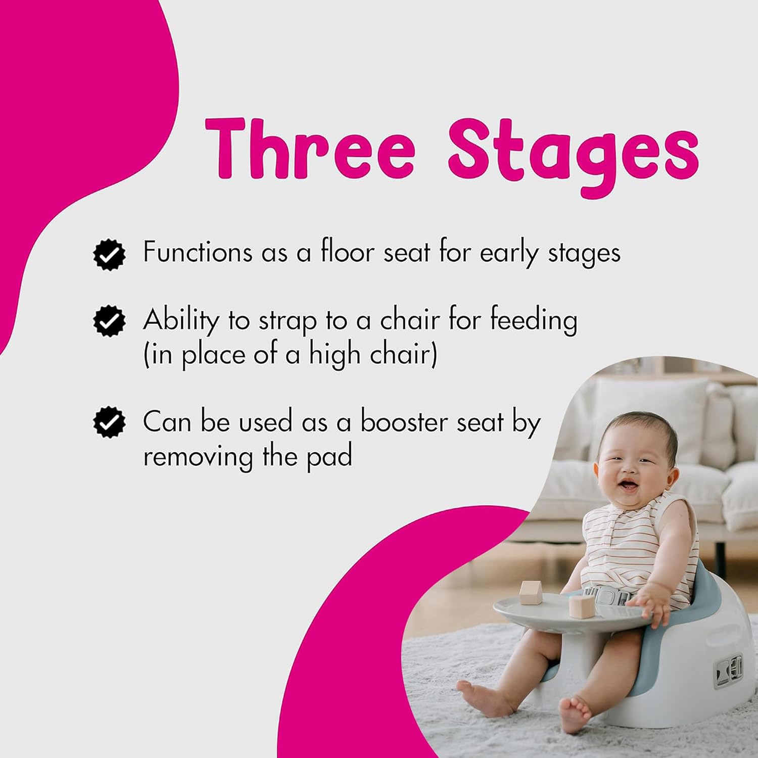 Bumbo 3-in-1 Multi-Seat for 6 to 36 Months, Travel Baby and Infant Feeding & Play Floor Seat, Portable Booster High Chair with Dining and Activity Tray, White/Desert Mirage