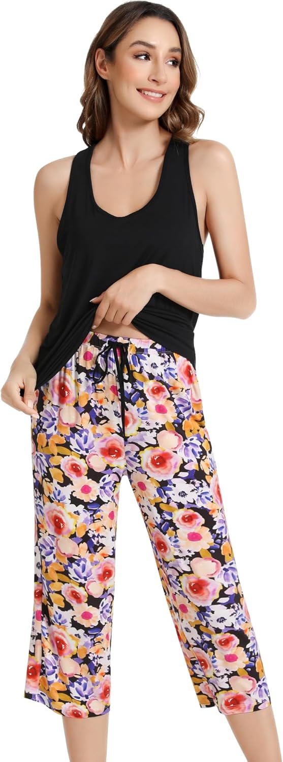 NACHILA Women's Pajamas-Viscose Made from Bamboo, Sleeveless Pajama Set Soft Tank Top Sleepwear Capri Pants Pjs - Image 3