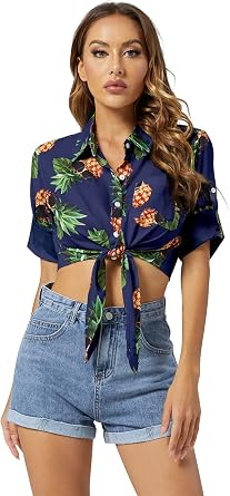Hawaiian Shirts for Women Pineapple Print Tie Front Roll up 3/4 Sleeve Crop Summer Tropical Top Petite-Plus-Size