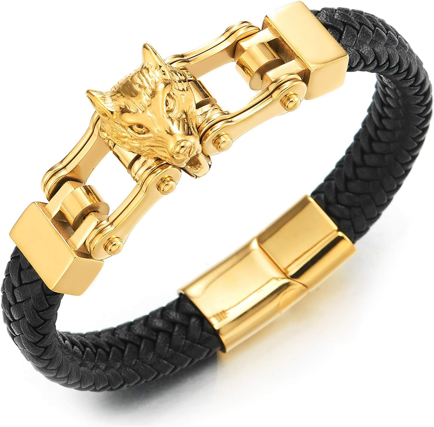 Mens Steel Gold Color Wolf Head Motorcycle Bike Chain Black Braided Leather Bangle Bracelet, Magnetic Clasp