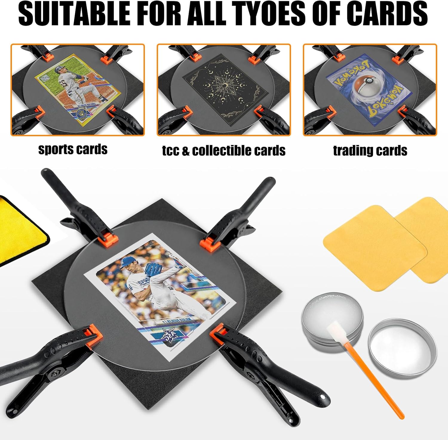 267 Pcs Card Care Clean Kit,Trading Card Cleaning Kit with Fixing Jig and EVA Shaping Foam, Suitable for PSA Rated Baseball Football Basketball Sports Cards Card Care (Orange)