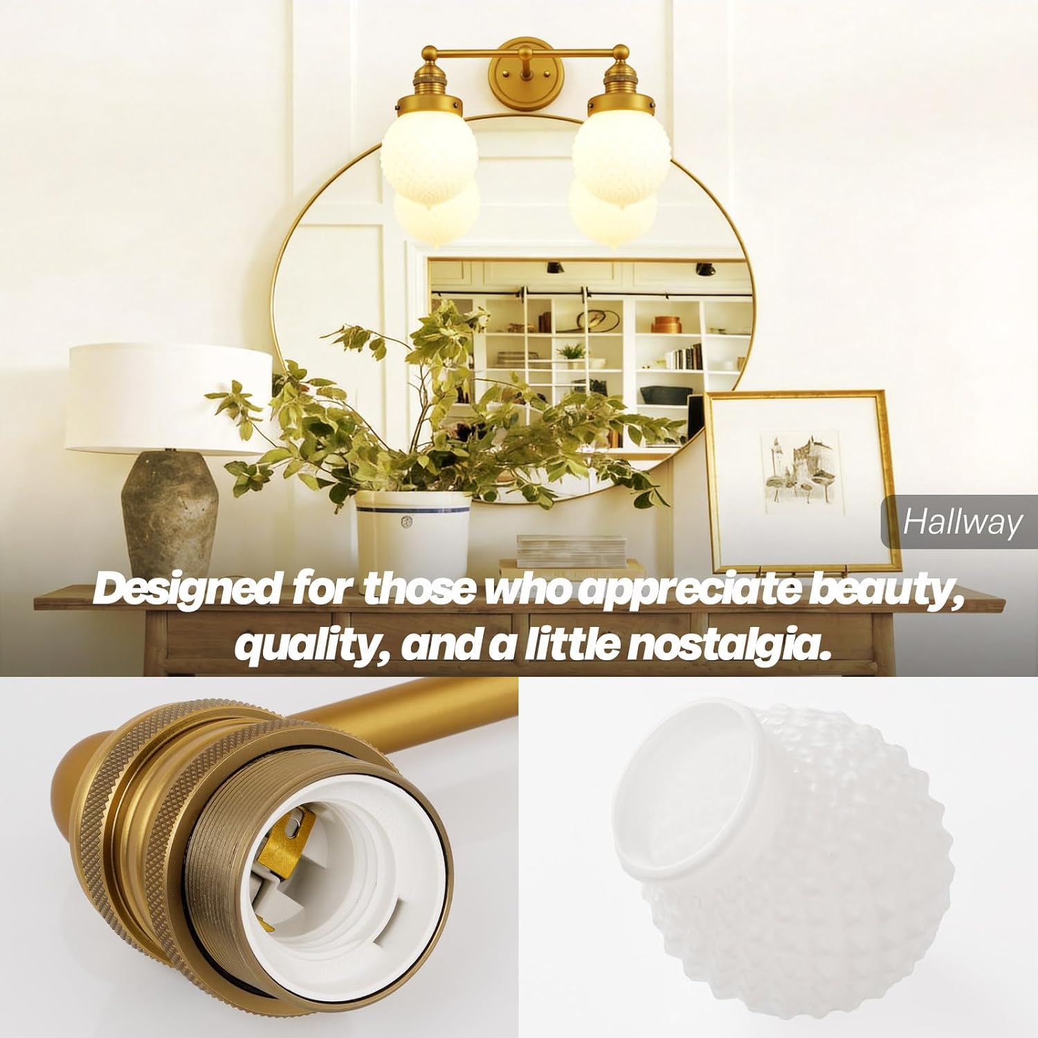 2-Light Vintage Wall Sconces Brass Gold Bathroom Vanity Lights with Hand-Blown Milky White Glass Hardwired Double Sconce Lights for Bathroom Living Room Kitchen Hallway E26 Indoor