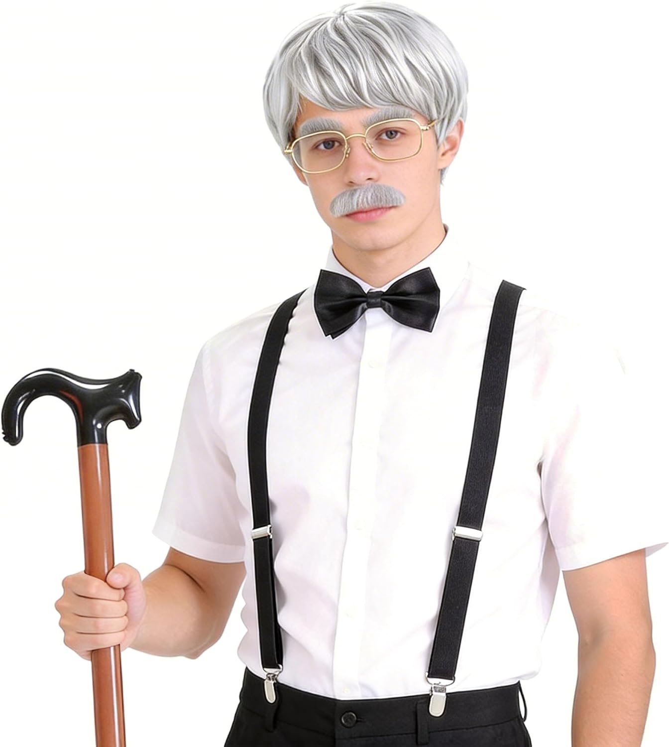 Old Men Costume Set Grandpa Accessories Fedora Hat Wig Moustache Suspenser Inflatable Walking Cane Cosplay Roaring 1920s Outfits for Men Grey