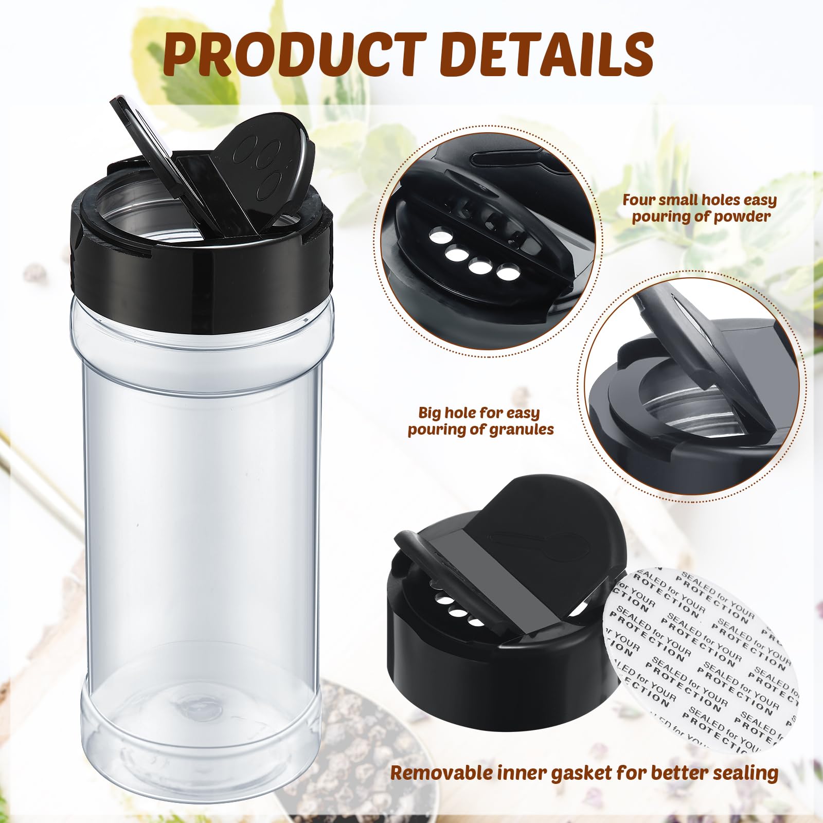 Jadive Lot de 36 pots à épices en plastique transparent de 200 ml avec couvercles shaker, pots à épices vides pour la cuisine, le stockage des herbes, des poudres, du poivre, des produits secs