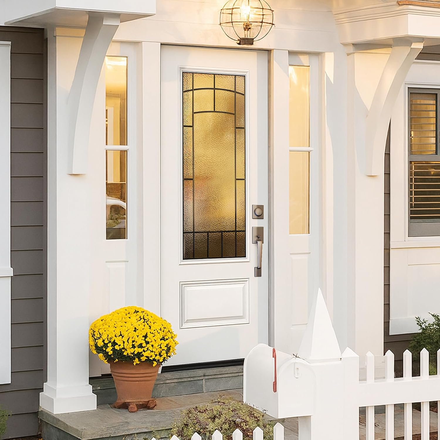 36 x 80 Smooth Fiberglass Entry Door with Brickmould,Prime White,Vinyl Frame,3/4 View Frosted Glass - Classic Style for Home's Front Entrance, Left Hand Inswing Knock-Down Door