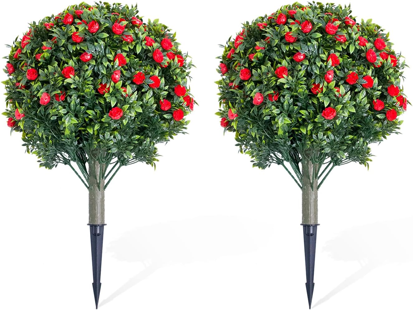 23.6 in Artificial Topiary Flower with Ground Spike Set of 2,Artificial Topiary Ball Trees with Rose Flowers, PE Fake Plants with Metal Stakes for Indoor and Outdoor Decor, 2 Pack, Red