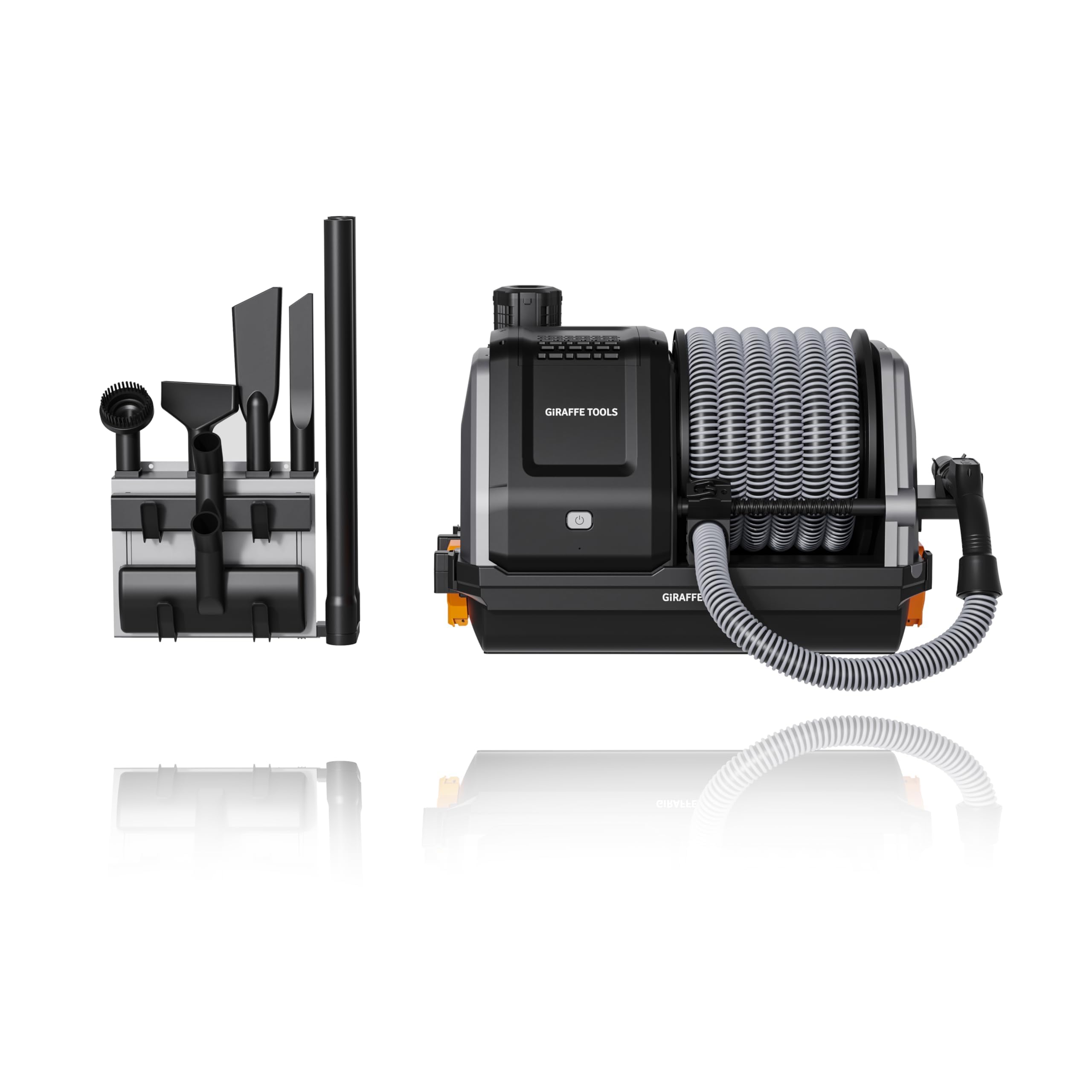 giraffe tools grandstorm retractable vacuum with 30 ft hose anti-kink, wall-mounted vacuum cleaner with 6 nozzles for garage detailing remote control shop vac, grey