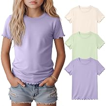 Girls Short Sleeve T Shirts | Crew Neck Shirts, Lettuce Trim Tops, Casual Basic Tees, Daily Layering Shirts, Summer clothes for Girls 5-14 Years
