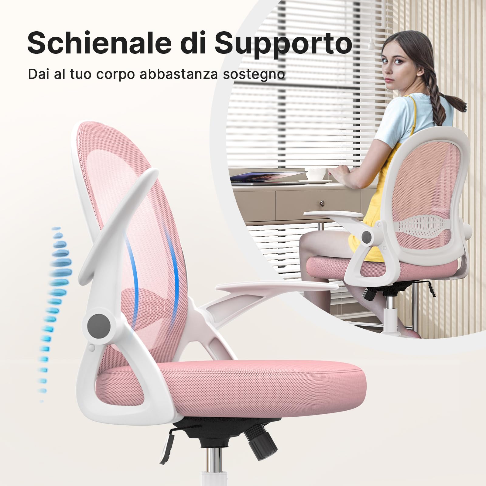 naspaluro Sedia Ufficio, Sedia Scrivania con Supporto Lombare, Poltrona Ufficio in Rete Traspirante, Sedia da Ufficio Ergonomica Braccioli e Altezza Regolabili, Rosa