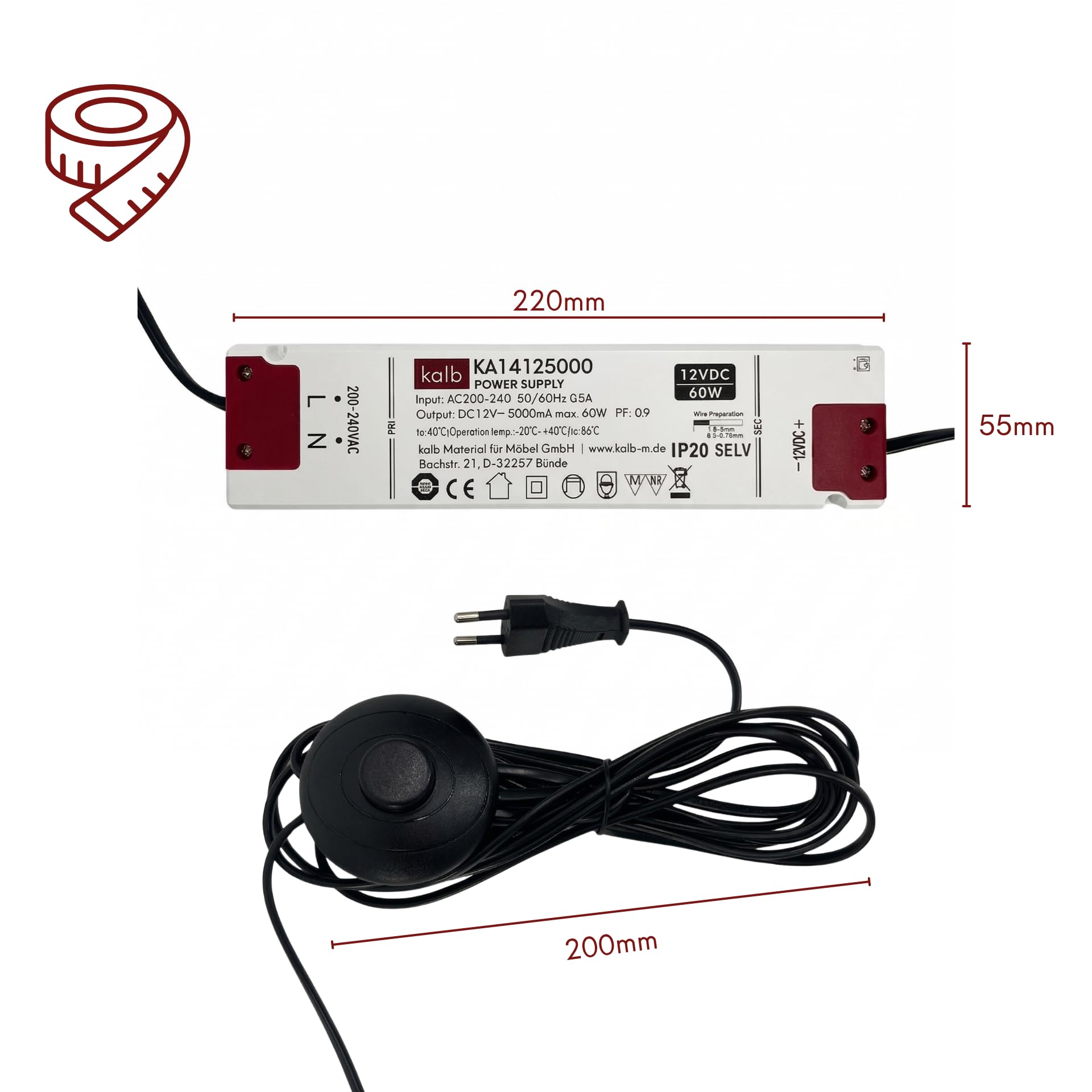 kalb | Trasformatore LED 12V 15W 30W 60W con interruttore a pedale, alimentatore con distributore 6/10 uscite, sistema Mini LED (60, Watt, 12)