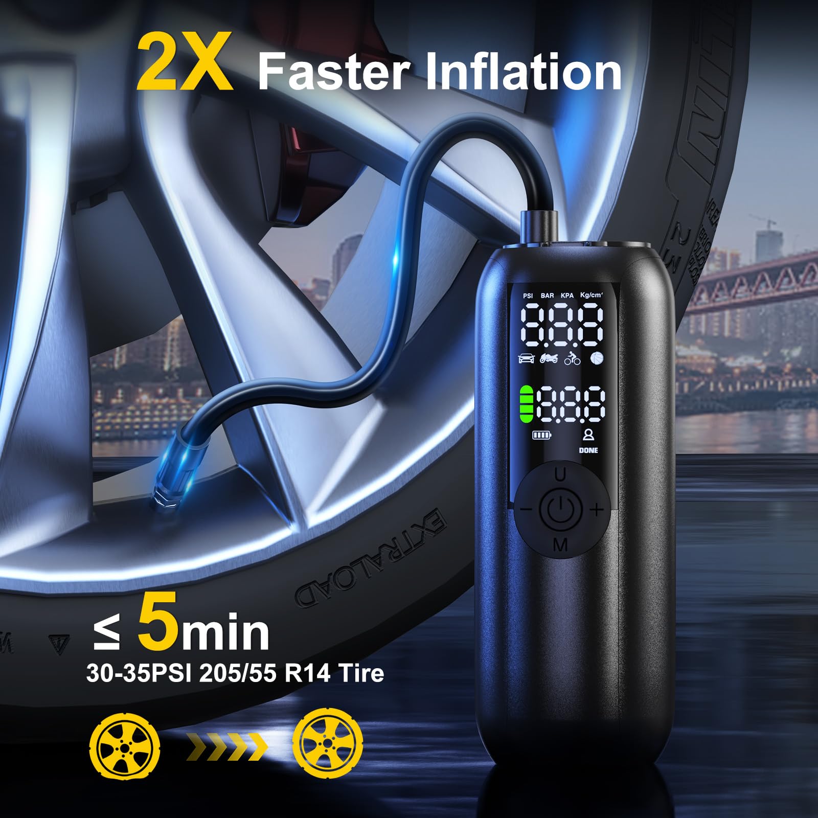 Elektrische Fietspomp 150PSI Autobandenpomp 4000mAh Oplaadbare Luchtcompressor Auto-Off voor Auto's, Motorfietsen, Fietsen, Ballen, Scooter