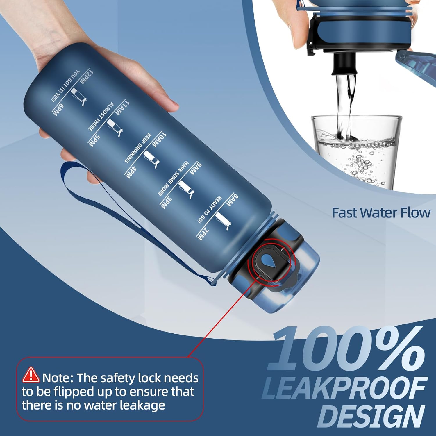 Grsta Children's Drinking Bottle, 500 ml, Water Bottle with Time Marking with Filter, Leak-Proof, Easy to Clean, Sports Drinking Bottle for School, Travel, Camping, Running, Dark Blue