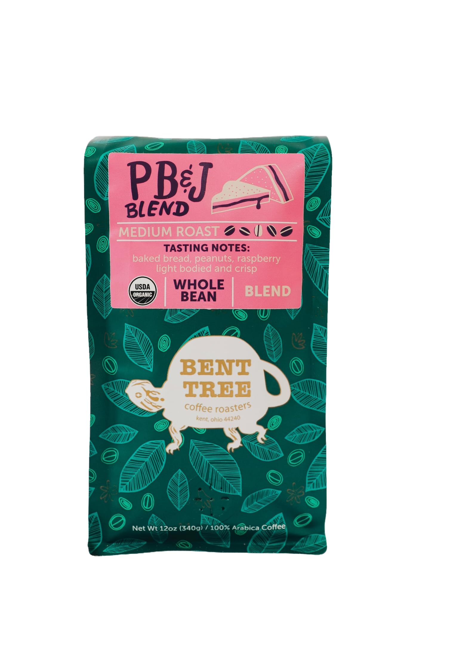 Bent Tree Coffee Roasters Organic Coffee, 12oz (PB&J Blend), Whole Bean Coffee, Medium Roast, USDA Organic, Light Bodied and Crisp, Baked Bread, Peanuts, and Raspberry Notes