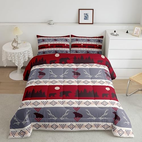 jejeloiu Bear Antlers Geometric Western Comforter Set Full Size Kids Boys