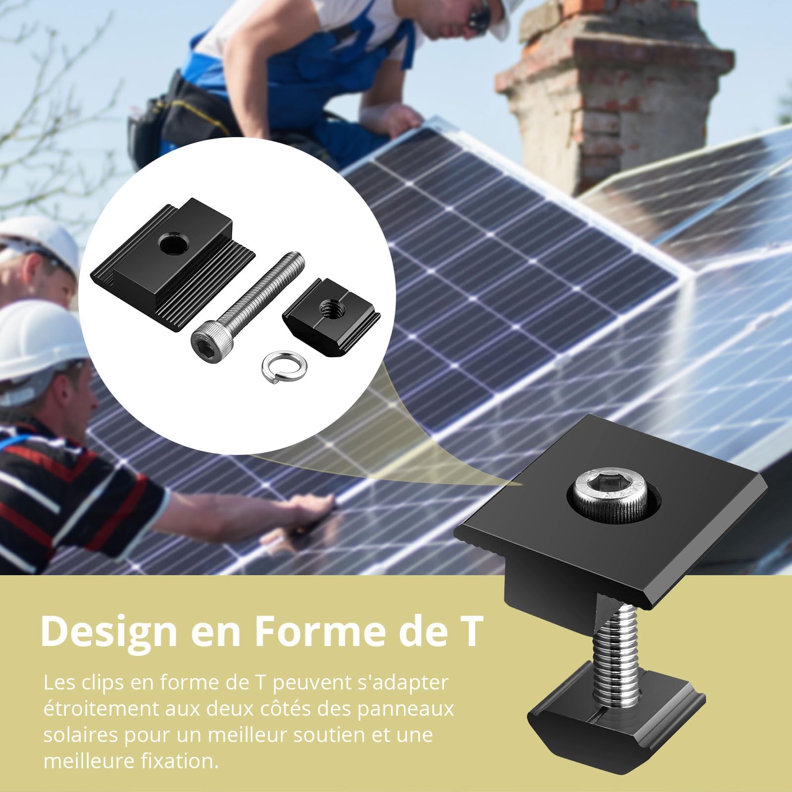Anbte 10PCS Clip Central T Aluminium pour Support Panneau Solaire 30mm/35mm | Alliage Aluminium Résistant, Montage Rapide avec Clé, Compatible Toit, Camping-car, Bateau