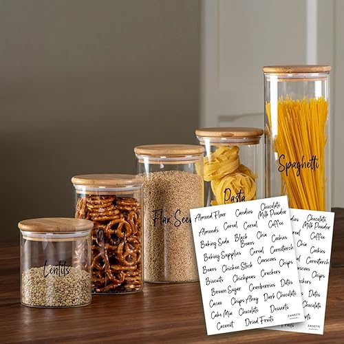Zanetti - Recipientes herméticos de vidrio con tapas de madera de bambú para almacenamiento de alimentos con 75 etiquetas preimpresas para despensa disponible en Yaxa Peru