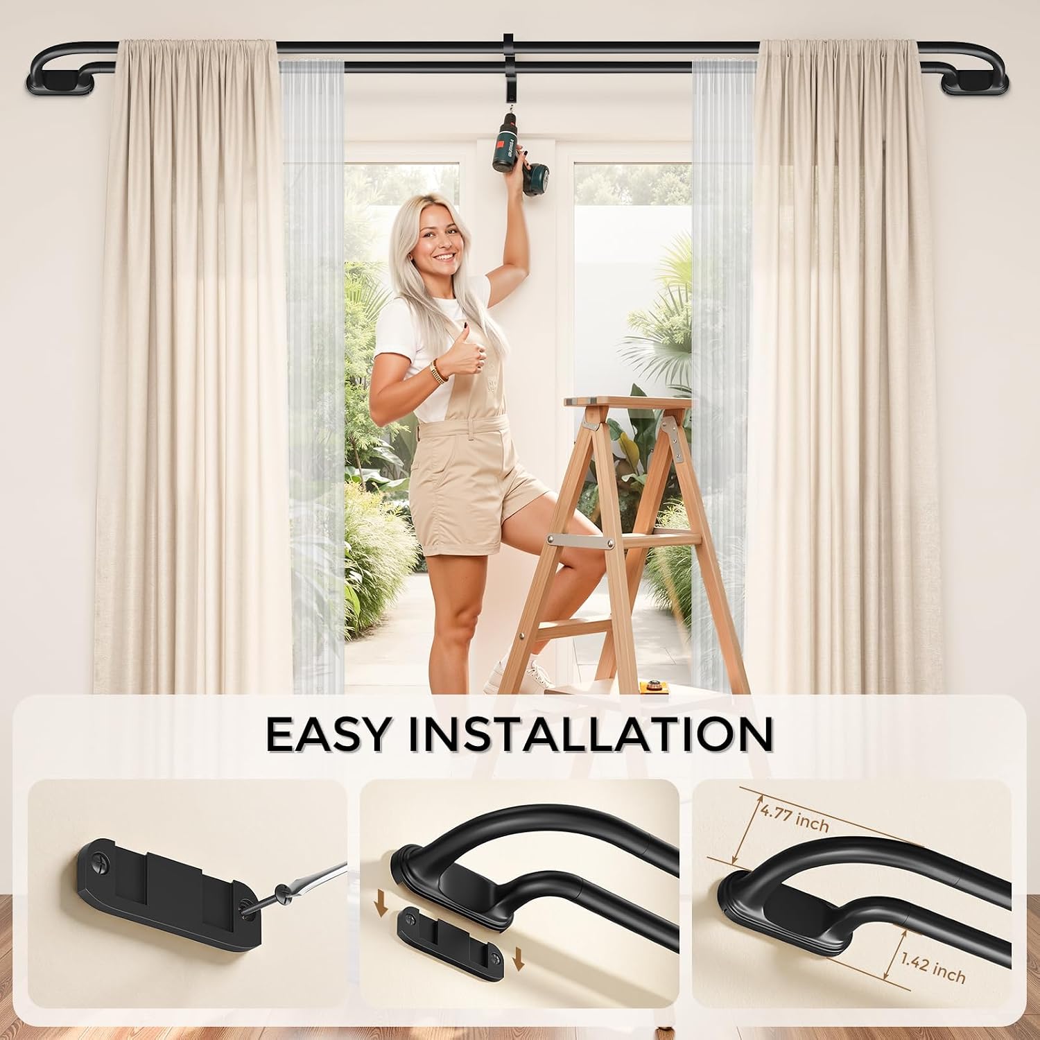 Double Curtain Rod 36-184 Inch Black Double Curtain Rods for Windows
