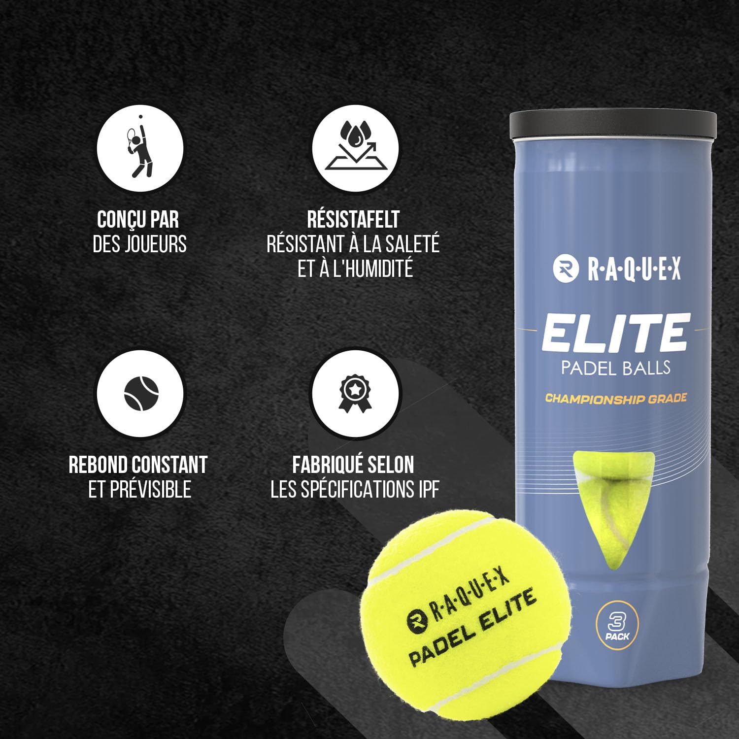 Raquex Balles De Padel Elite – Tube De 6, Deux Vitesses (Standard Ou Pace), Feutre Synthétique Résistant, Normes IPF