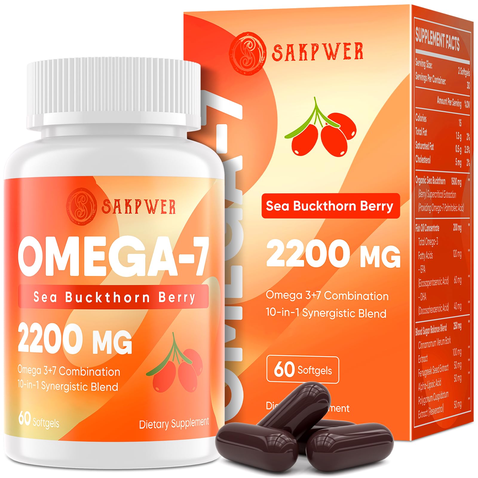 Omega-7 Sea Buckthorn Oil - with Omega-3 EPA/DHA Fish Oil, Cinnamomum, Fenugreek, ALA, Green Tea, Cayenne Pepper, Turmeric, Resveratrol, Black Pepper - Non-GMO, Gluten-Free, 60 Softgels