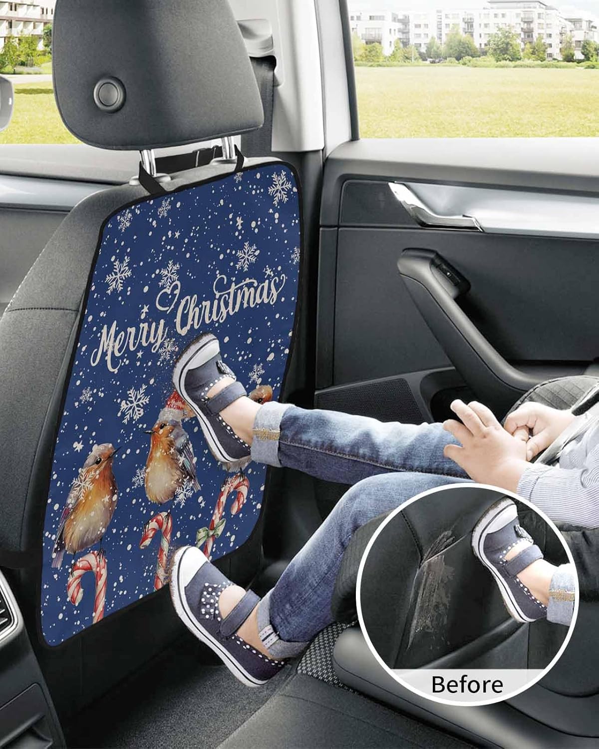 Car Seat Protector, 2 Pack Kick Mats Back Seat Protector Merry Christmas Robins Stand on Candy Cane Snowflake Blue Waterproof Backseat Cover for Kids Universal Fit Automotive Interior Protectors
