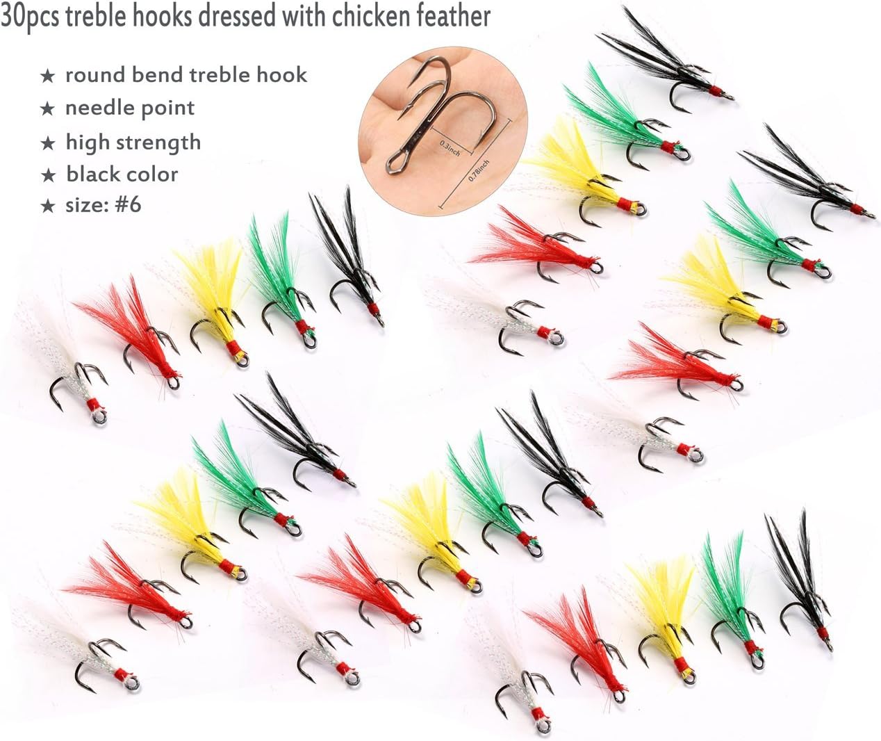 Feather Treble Hooks Round Bend Treble Fishing Hooks Feather Dressed Strong Sharp Barbed Treble Hooks Feather Hooks for Fishing Lures Bait