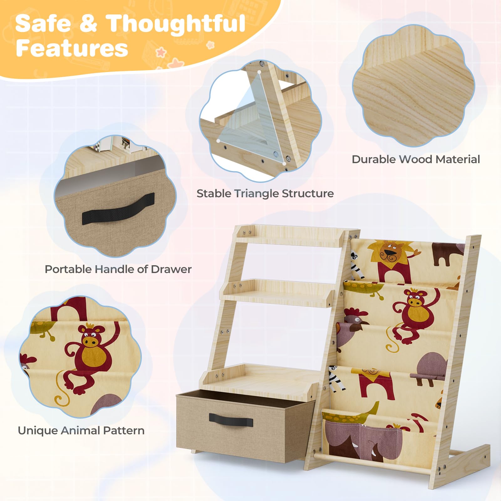 Scaffale per bambini con organizer per giocattoli 2 in 1 – Libreria in legno e tessuto con 4 scomparti, cassetto e tasche portapenne, scaffale sicuro per bambini, altezza 68 cm, per cameretta dei