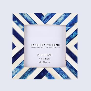 Handicrafts Home Blue Picture Frame Handmade 4x4 Bone Inlay Chevron Photo Frame- Boho Chic Decorative Frame for Wall & Tabletop, Vintage Coastal Farmhouse Home Decor, Unique Giftable Artisan Frames