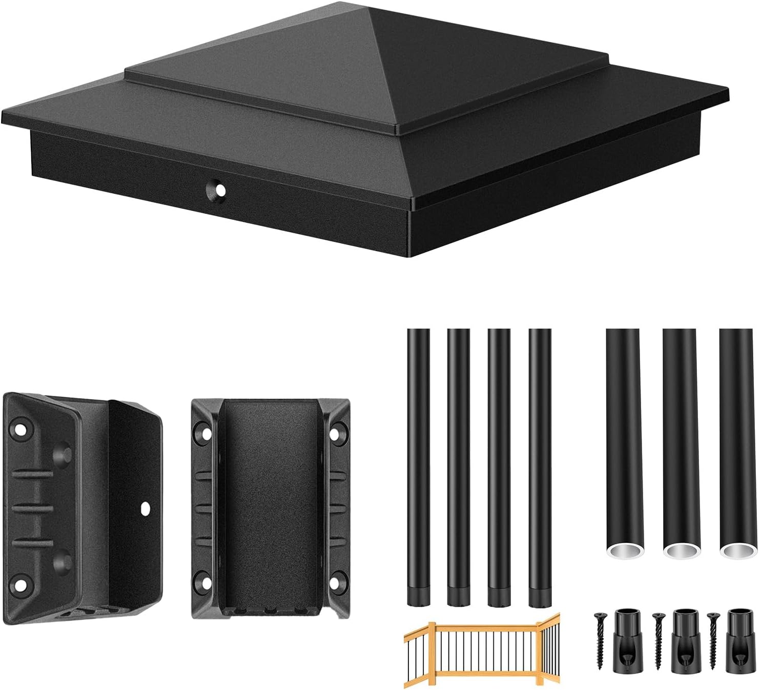 6 Pack Pyramid Post Caps for 6x6 Wood Posts (Actual 5.5" x 5.5"), 25 Pack 32 Inch Deck Balusters Ultra Thick, 20 Pack Aluminum Bracket Connectors.