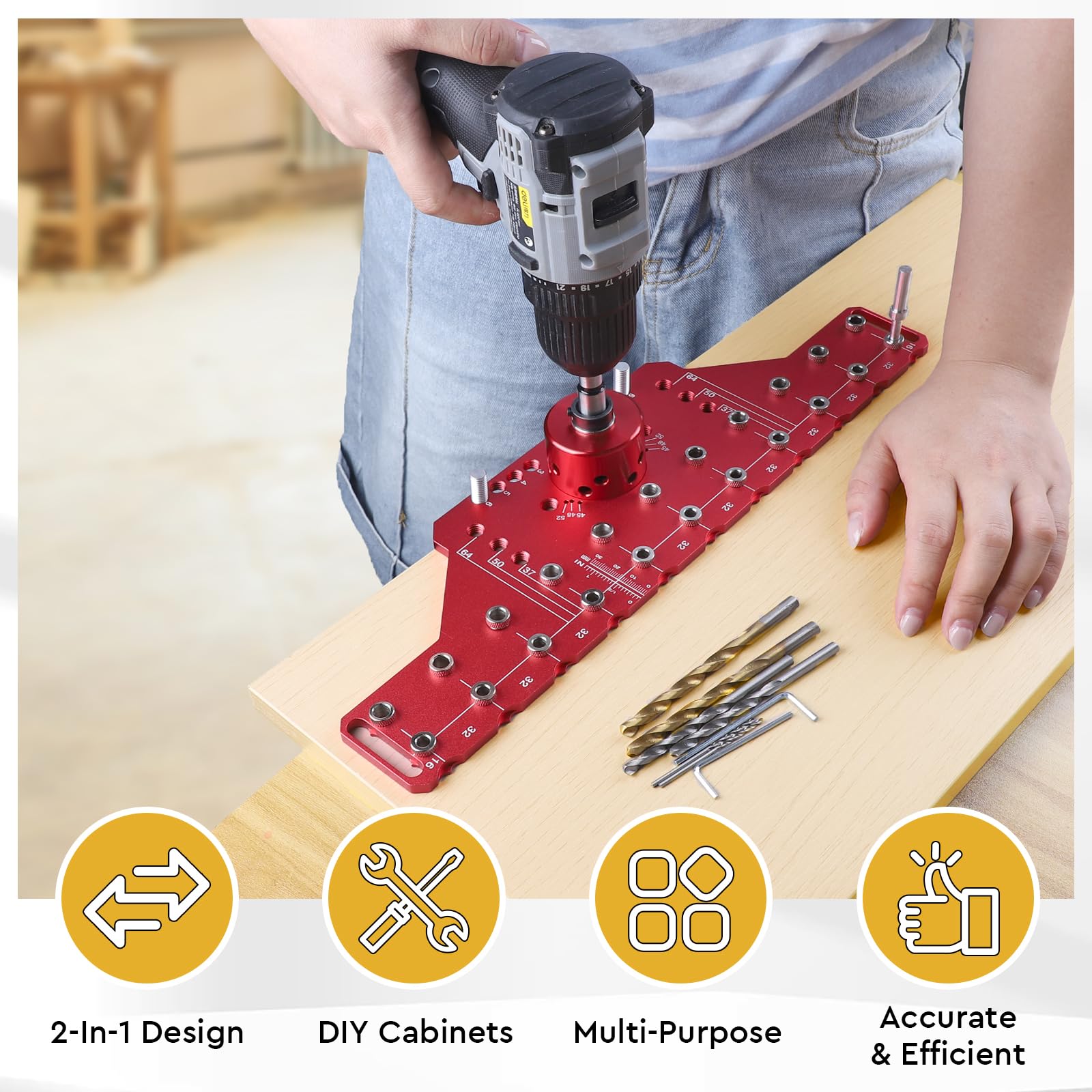 Guida di perforazione allineata 2-in-1 per spinotti e cerniere da 35 mm Guida in alluminio con punte da 5mm e 1/4 pollice, strumento ideale per fai-da-te e falegnameria (Modello lungo)