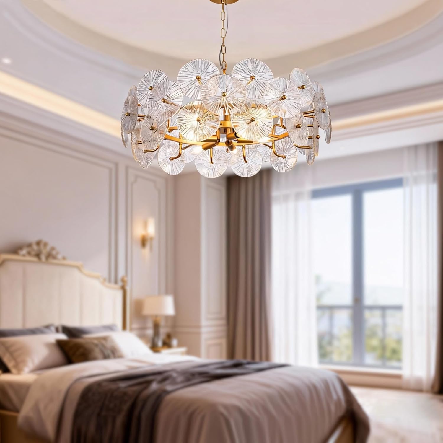 24" Modern Gold Glass Chandelier, 3 Tiers Gold Chandeliers Ceiling Light Fixtures, 9-Light Round Pendant Hanging Light for Dining Room, Living Room, Kitchen Island, Bedroom