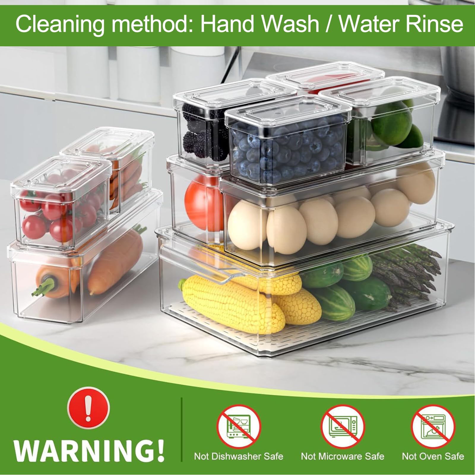 Kühlschrank-Organizer und Aufbewahrungsbehälter, transparent, BPA-frei, mit Deckel, stapelbare Lebensmittelbehälter für Obst, Gemüse, Snacks, Getränke, 10 Stück (1 groß + 3 mittel + 6 klein)