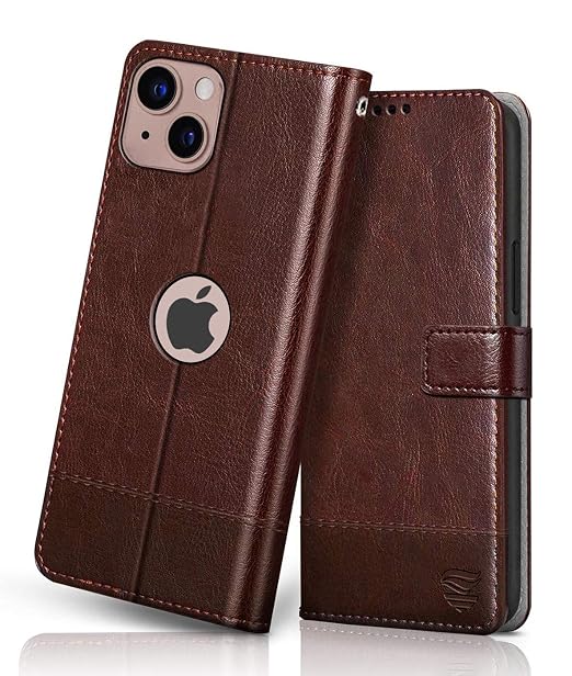FLIPPED Vegan Leather Flip Case Back Cover Compatible with iPhone 13 iPhone 14 (Flexible, Shock Proof Hand Stitched Leather Finish Card Pockets Wallet & Stand Tan with Brown)