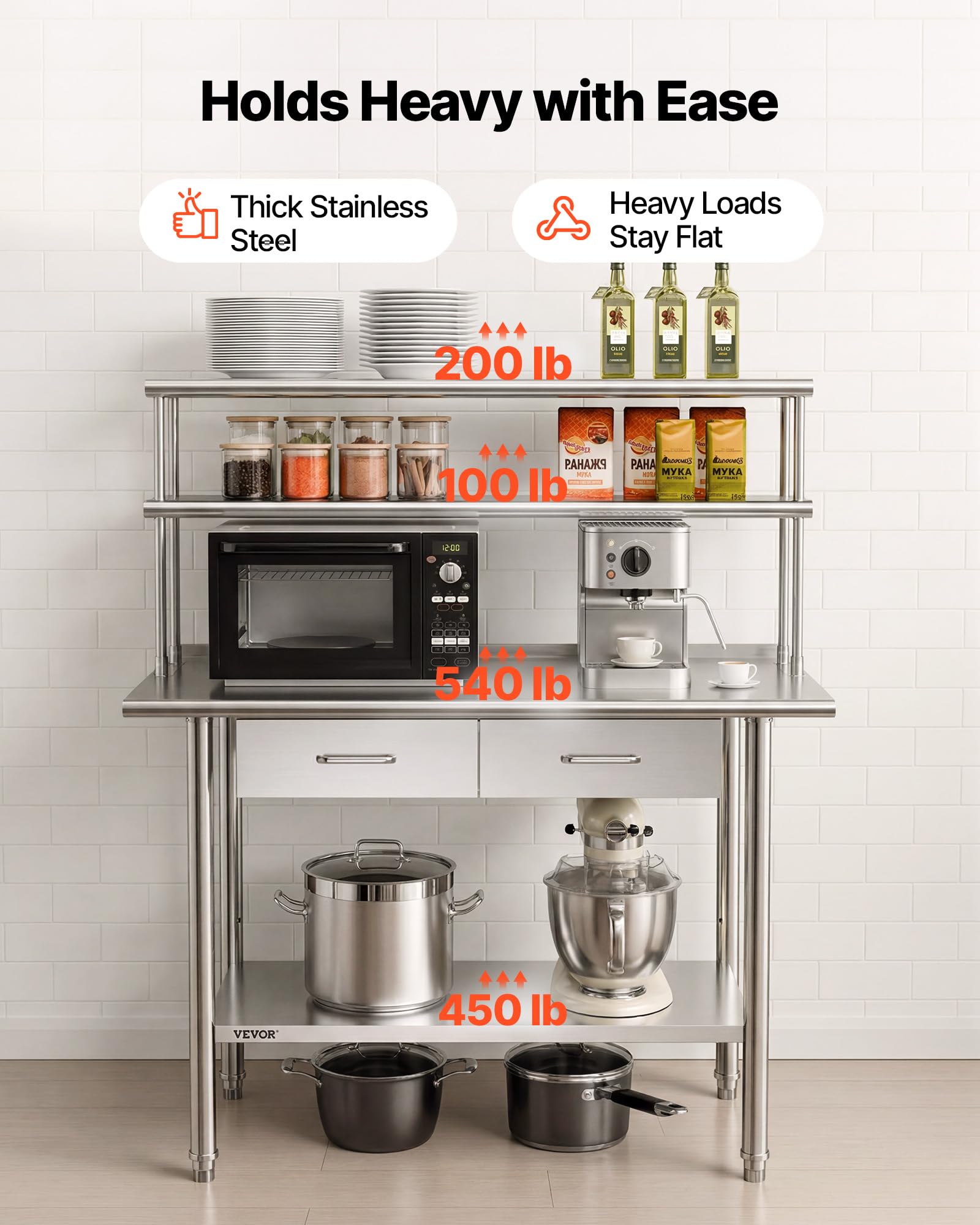 VEVOR Tavolo da Lavoro per Cucina, Tavolo per Preparazione da Cucina 1220 x 610 x 1400 mm in Acciaio Inox con Cassetti Ripiani Portaoggetti, Piano Carico max 245 kg, Ristorante, Hotel, Supermercato