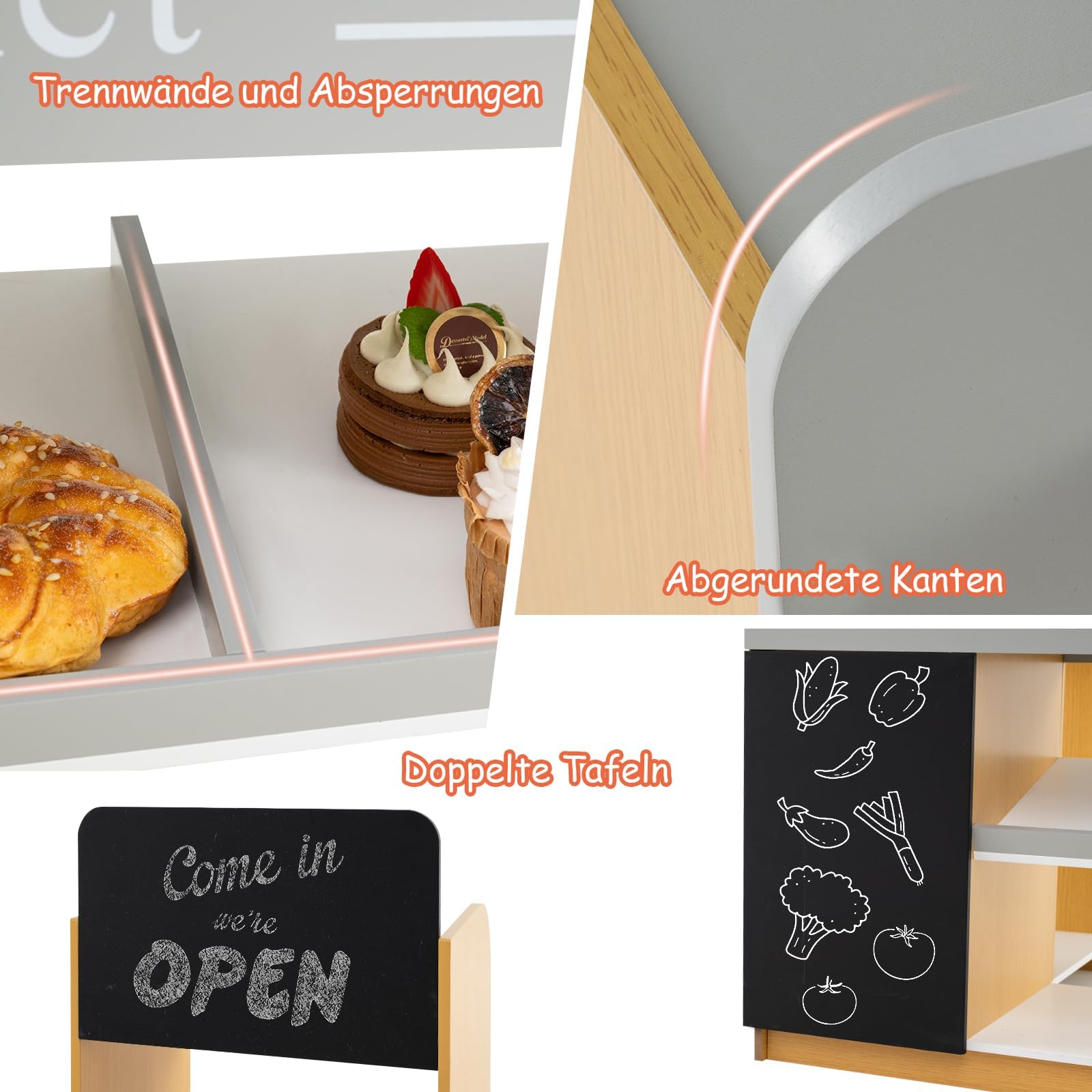 GOPLUS Kaufladen mit Einkaufswagen, Kaufmannsladen mit Kasse & 2 Tafel, Einkaufsladen Kinder mit inkl. Scanner & Kartenlesegerät, Supermarkt Holz, Verkaufsstand für Kinder ab 3 Jahren