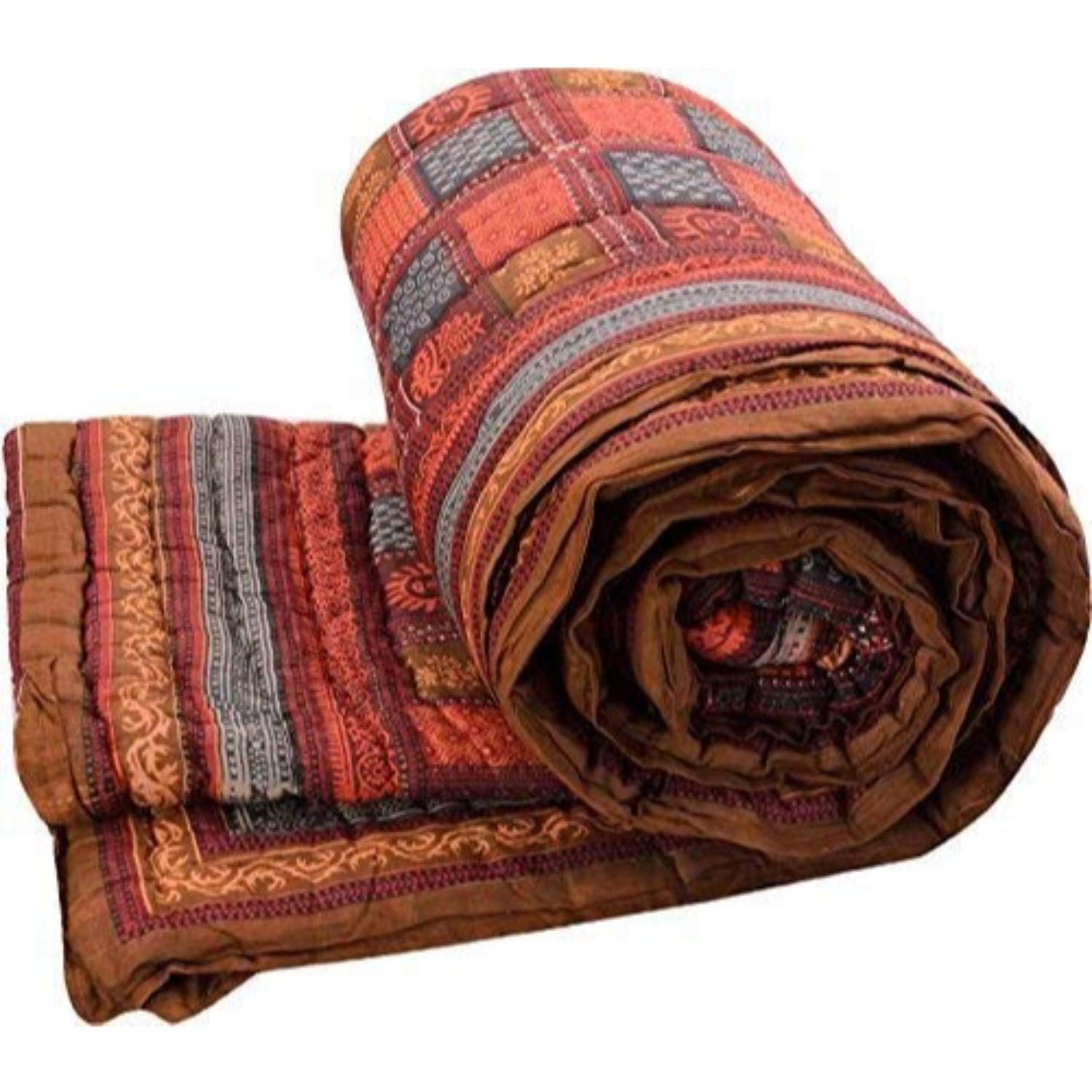 SVT OM Enterprises Jaipuri Razai/Rajai Multi RED Blue Color DABU Print Double Bed Cotton Rajasthani Sanganeri Floral Print Quilt Blanket (Multi Color, 85 Inches X 103 Inches)