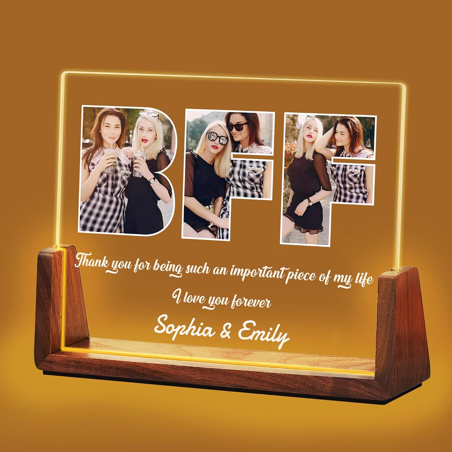 Personalized Gifts for Best Friend Women, Customized Acrylic Plaque LED Walnut Photos Frame with Night Light, Christmas, Friendship, Birthday Gifts for Besties BFF Sister